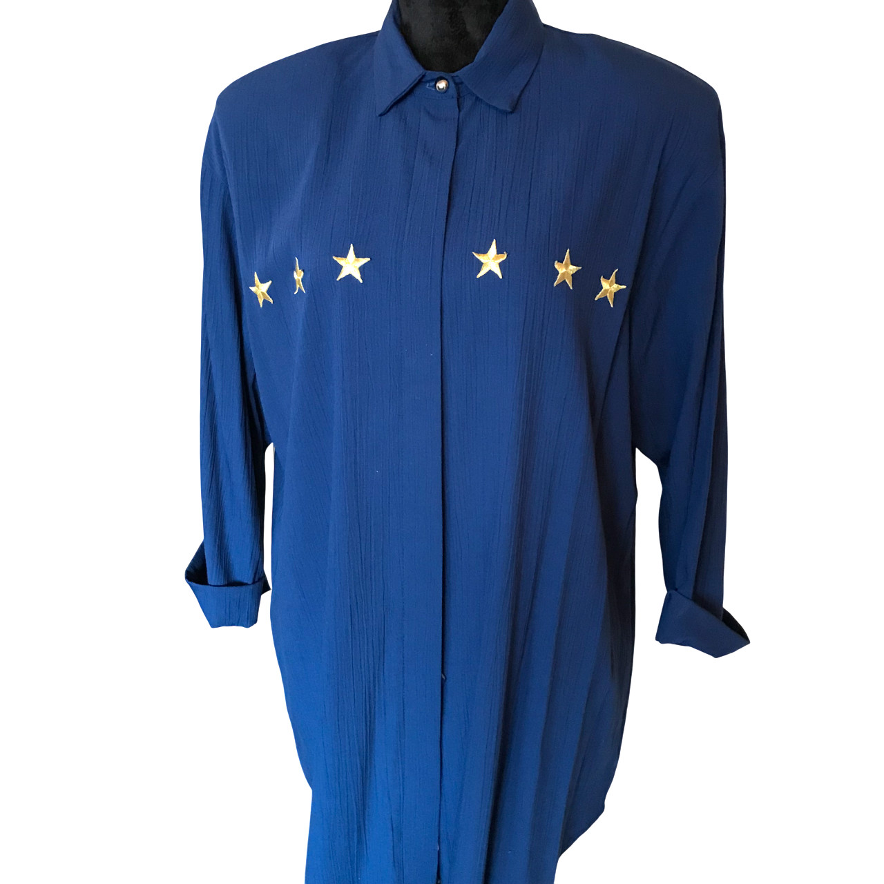 VTG 70s Niki & Danielle Oversized Tunic Long Blouse Navy Blue Gold Stars Size 12