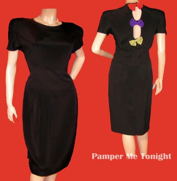 Vintage Little Black Dress Shiny Special Occasion Dinner Dress w/ Bows in Back