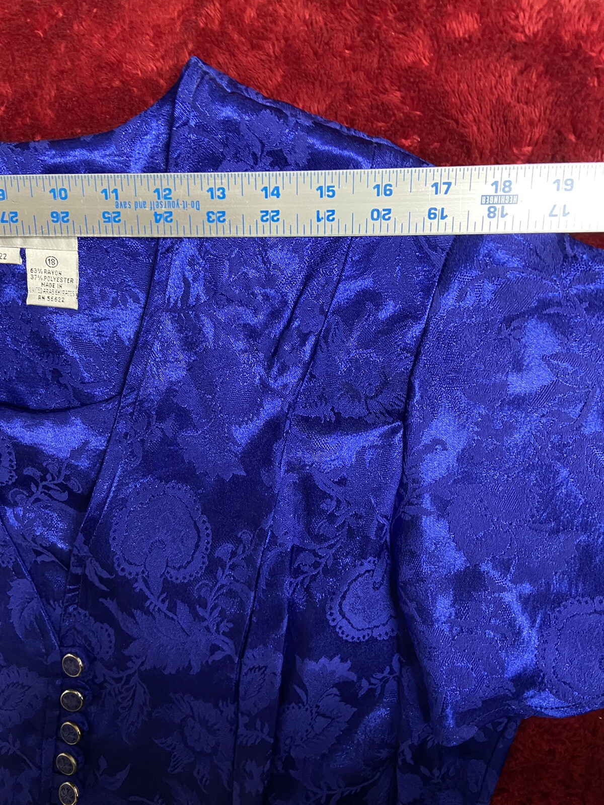 Vintage Dressy Betsy Sz 18 Blue Floral Dress Lace Tie Back Padded Evening Glam