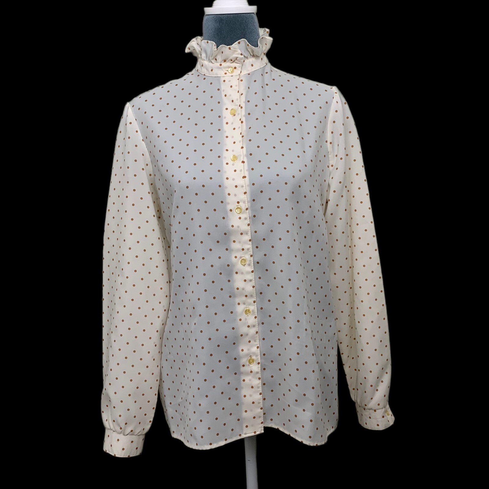 Vintage 70s Country Suburbans Womens M Ruffle Mock Neck Polka Dot USA Union Made