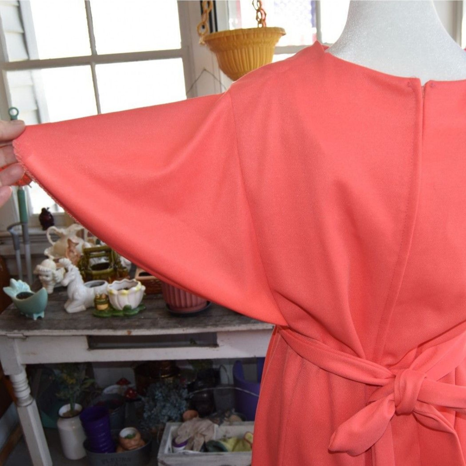 Vintage 70s Coral Hostess Gown Maxi Dress Empire Waist Flutter Sleeve L