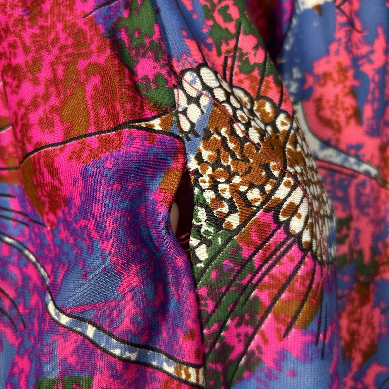 VTG 60s Floral Abstract Mock Neck Hippie Psychedelic Long Maxi Dress Sz M