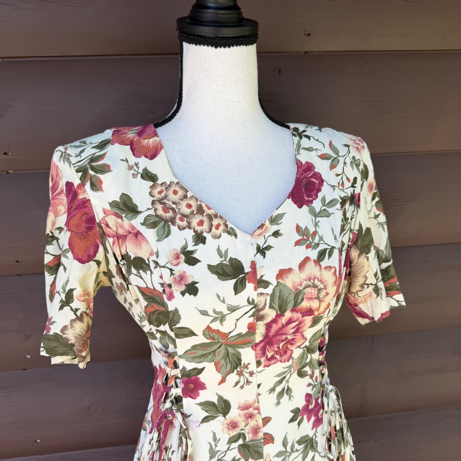 Vtg Paris Sport Club Floral Midi Dress Womens 7/8 Cream Pink 90s Lace Up Waist