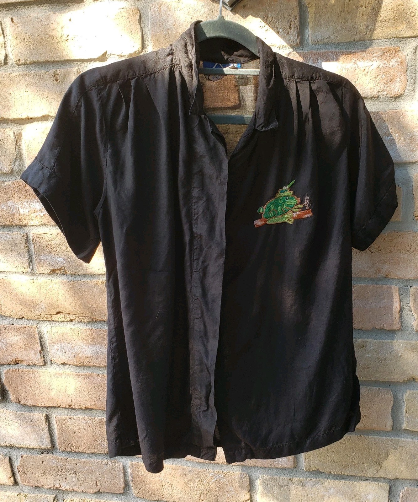VTG 40s/50s Armel Black Button Front Top Shirt Sz M/L Rockabilly Embroidery Frog