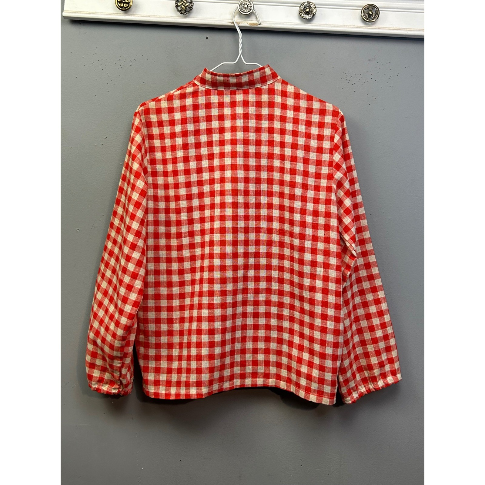 Cos Cob Blouse Women Medium Red Gingham Zip Up Mock Neck Long Sleeve Vintage