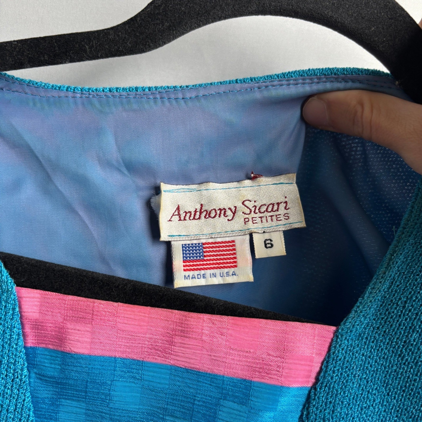 Anthony Sicari Vintage 80s Blue Knit Sweater Rainbow Inset 6 Pastel Colorful