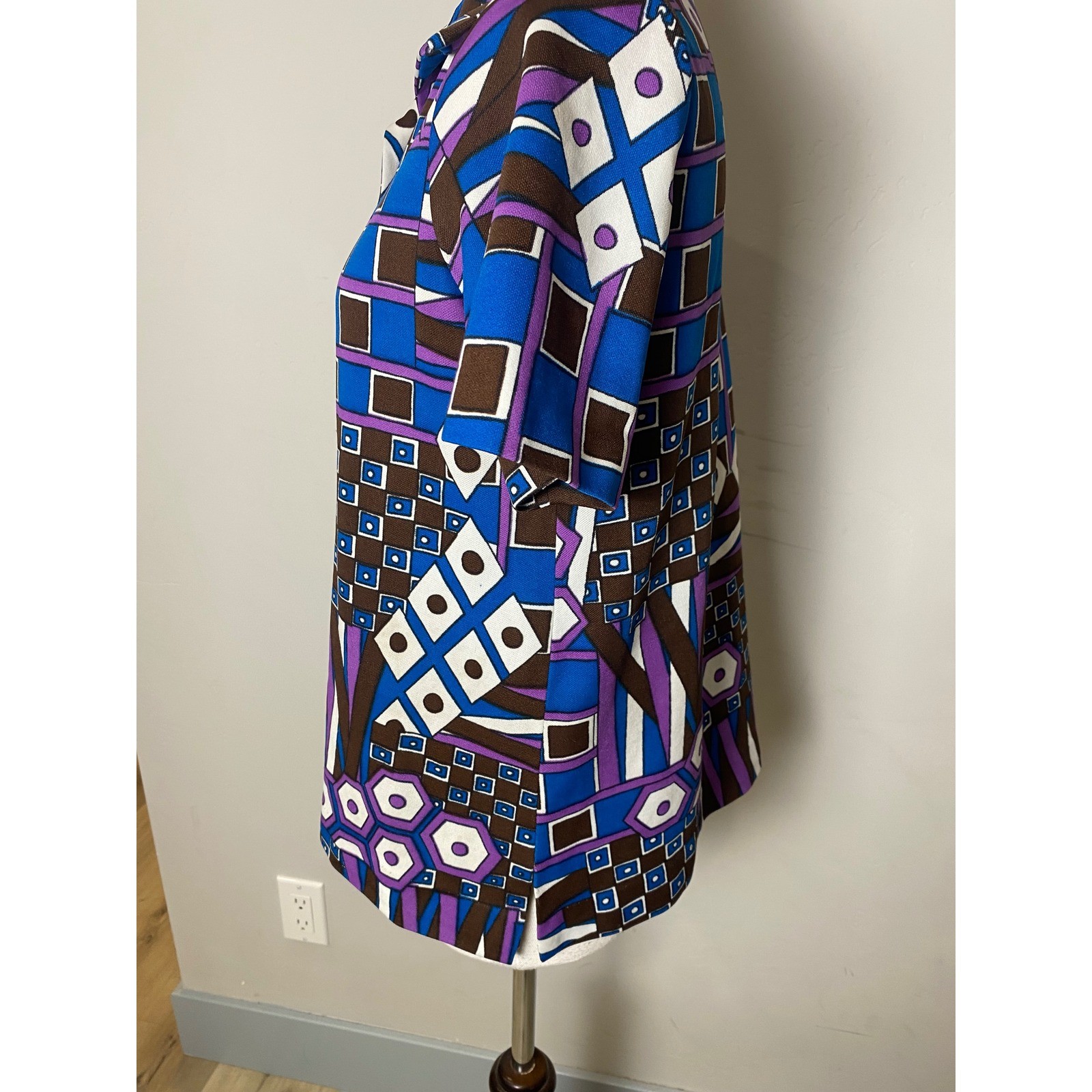Vintage 60s Abstract Geometric Print Button Down Shirt Blue Purple Mod Top S/M