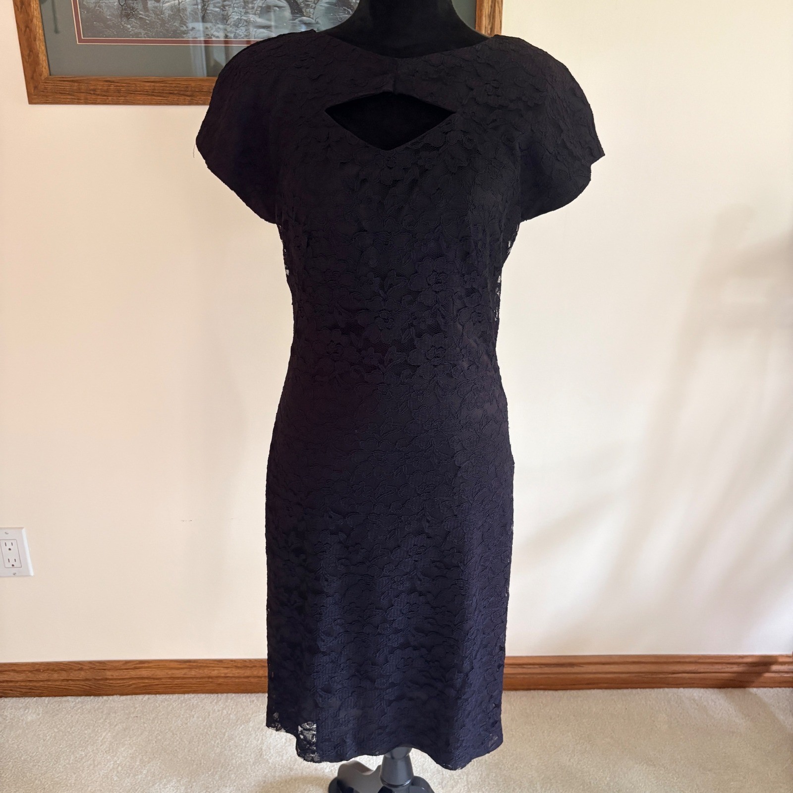 Jessica Howard Lace Cocktail Dress Womens 10 Black Keyhole Sheath Vintage USA
