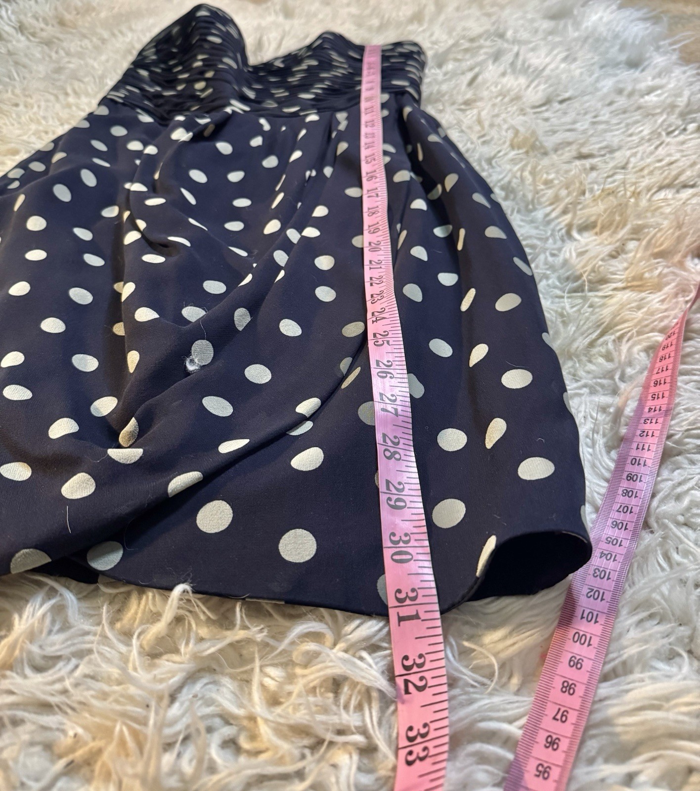 Vtg Kathryn Conover Polka Dot Navy Blue Strapless Bustier Silk Dress Ruched S M