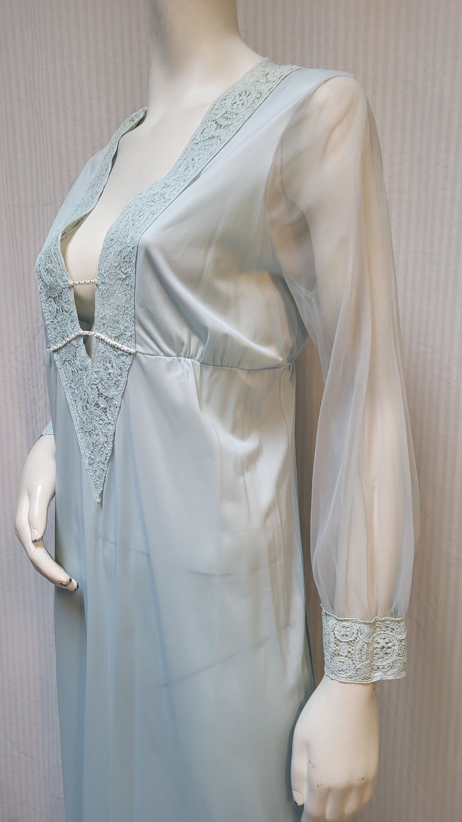 Vintage Blue Nylon Deep V Lace Trim Chiffon Sleeves Nightgown – Size 36