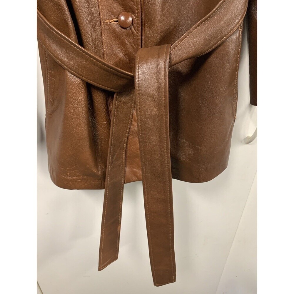 Hoffmans Vintage Brown Leather Satin Lined Womens Belted Jacket 70s Size 12
