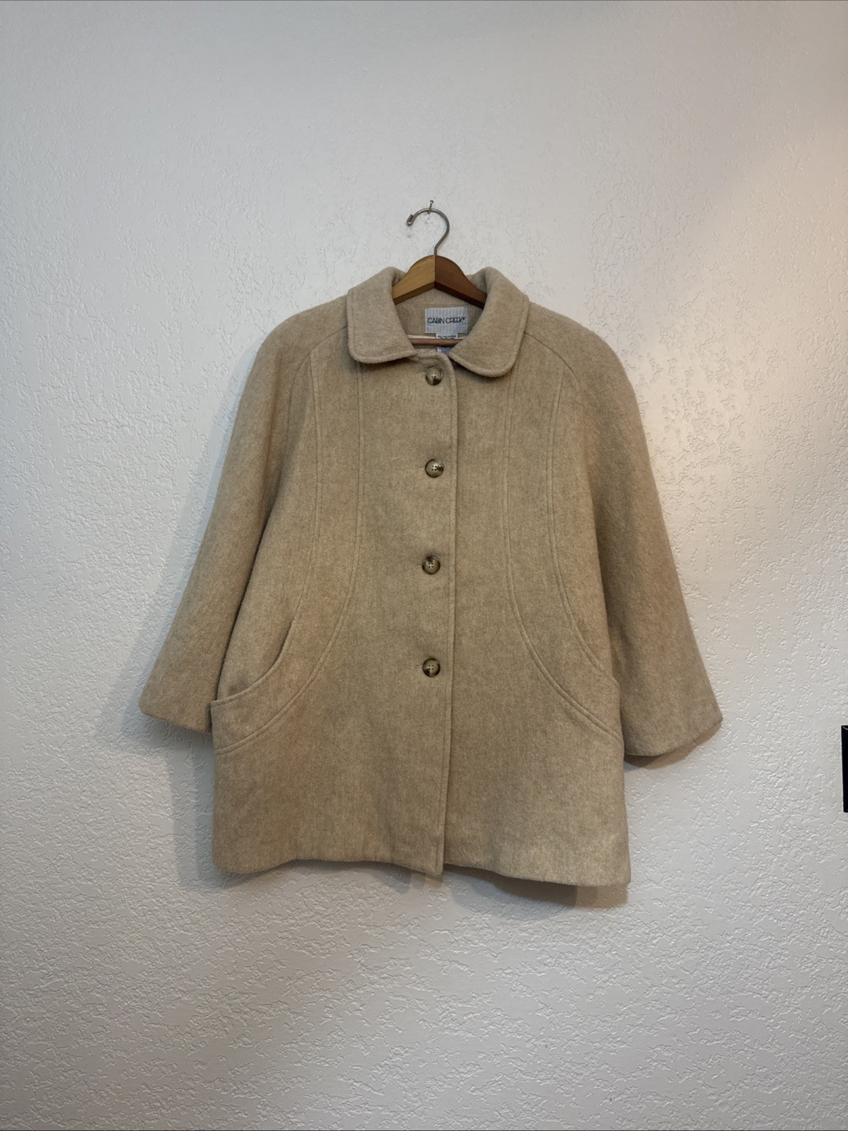Vintage Cabin Creek Wool Blend Coat Beige Oversized 3/4 Sleeve Lined Women’s
