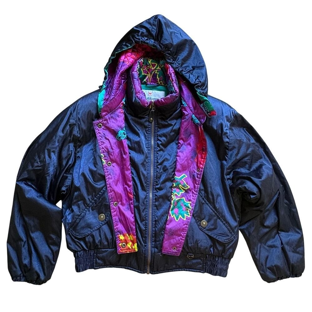 Obermeyer Ski Jacket Navy Purple Floral Ladies 12 Vintage Alpine Snow 80’s 90’s