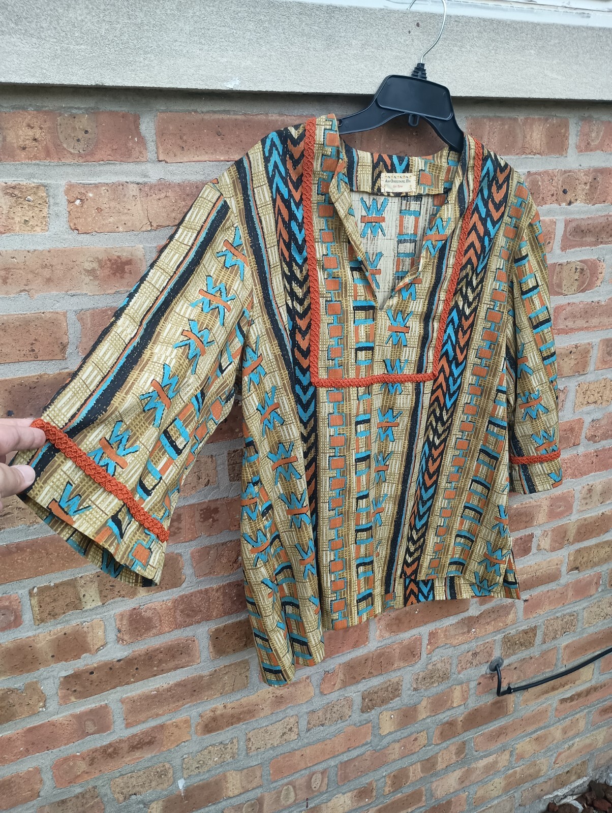 Vintage Handmade Daishiki Shirt Pullover Hippie Tunic 1960s 3/4 sleeve