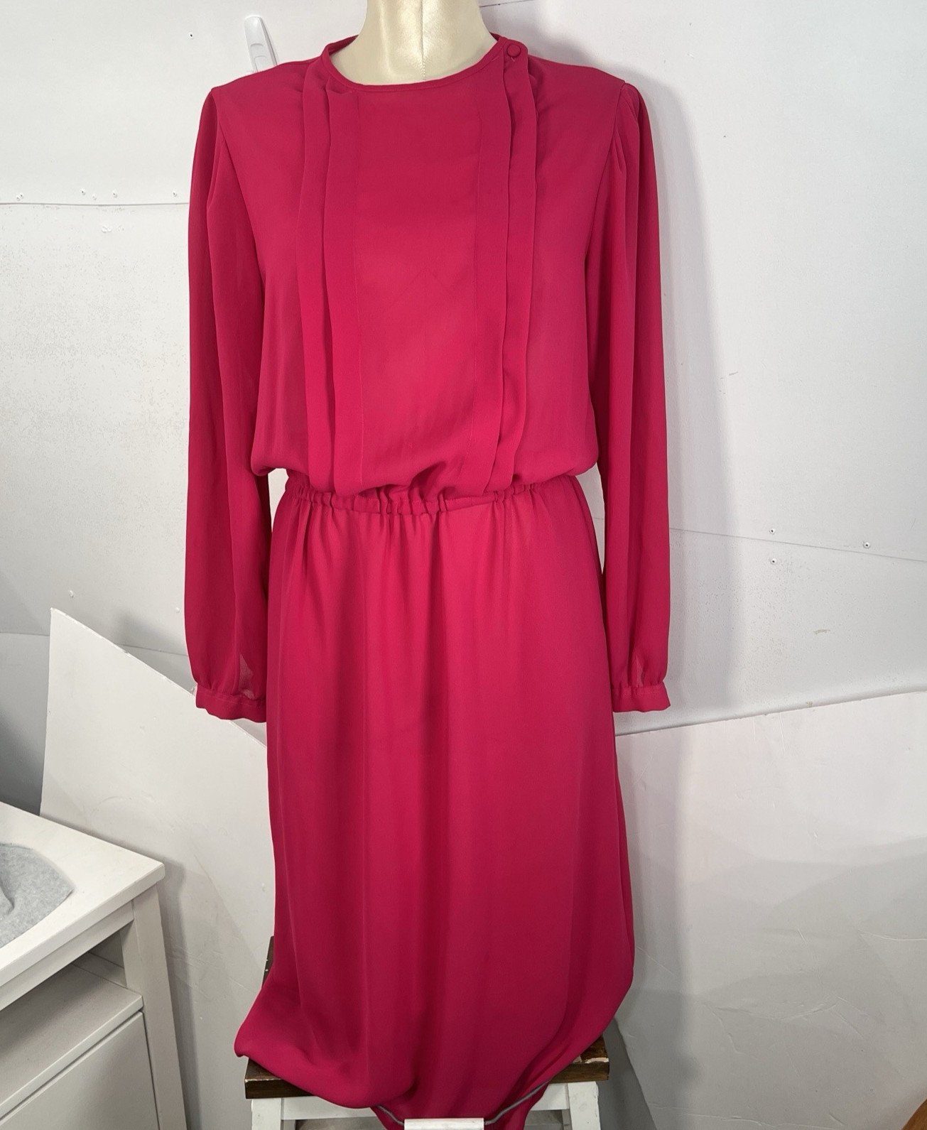 Vintage 80s Ms Chaus Magenta Pleated Shirt Dress Midi Hong Kong 9/10