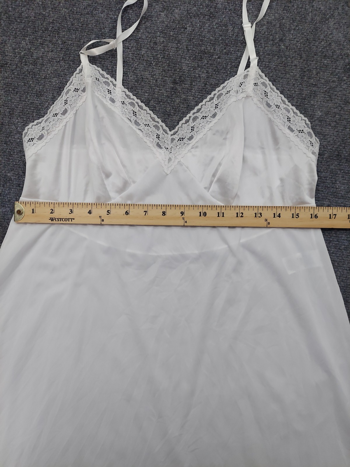Vtg Vanity Fair Slip Dress Womens 40 Large White 24″ Lace Adj Straps USA Nylon