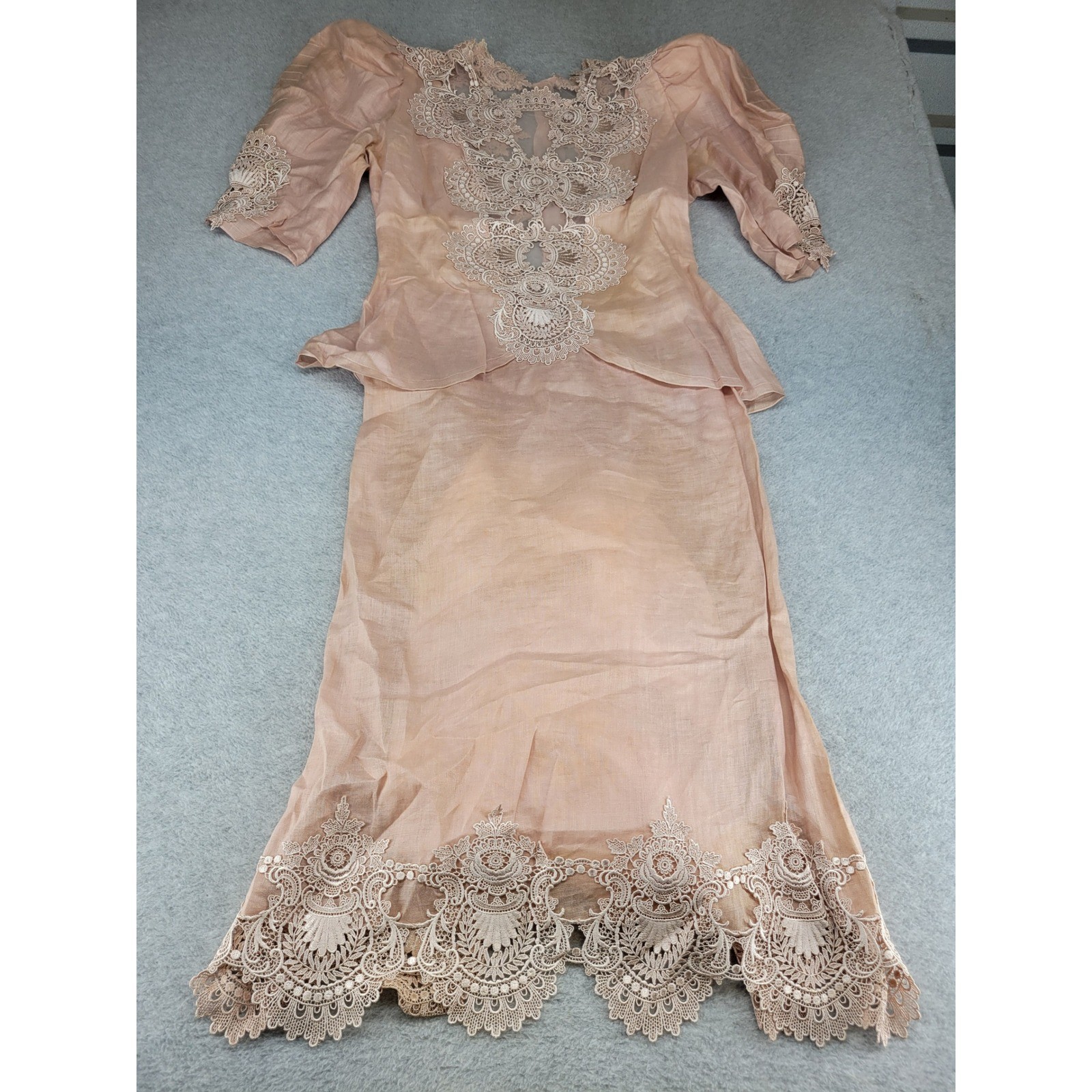 Vintage Peach Lace Peplum Top & Maxi Skirt Set Victorian Revival Cottagecore