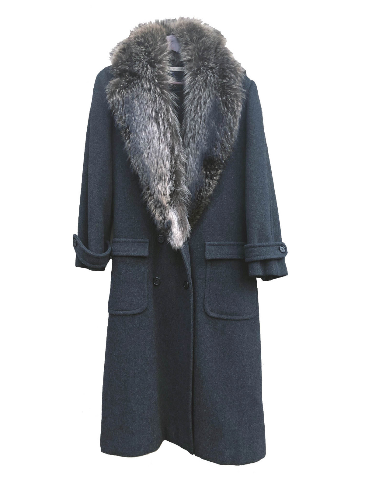 Perry Ellis VTG 70s-80s Maxi Dark Gray Wool Coat w/ Raccoon Fur Shawl Collar 12
