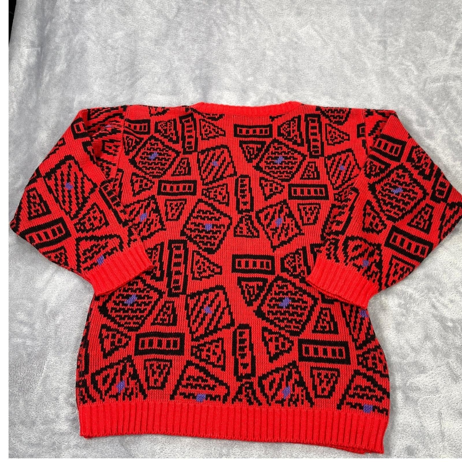 Vintage 90s Statement Sweater M Red Black Geometric Knit Grandpa Sweater Retro