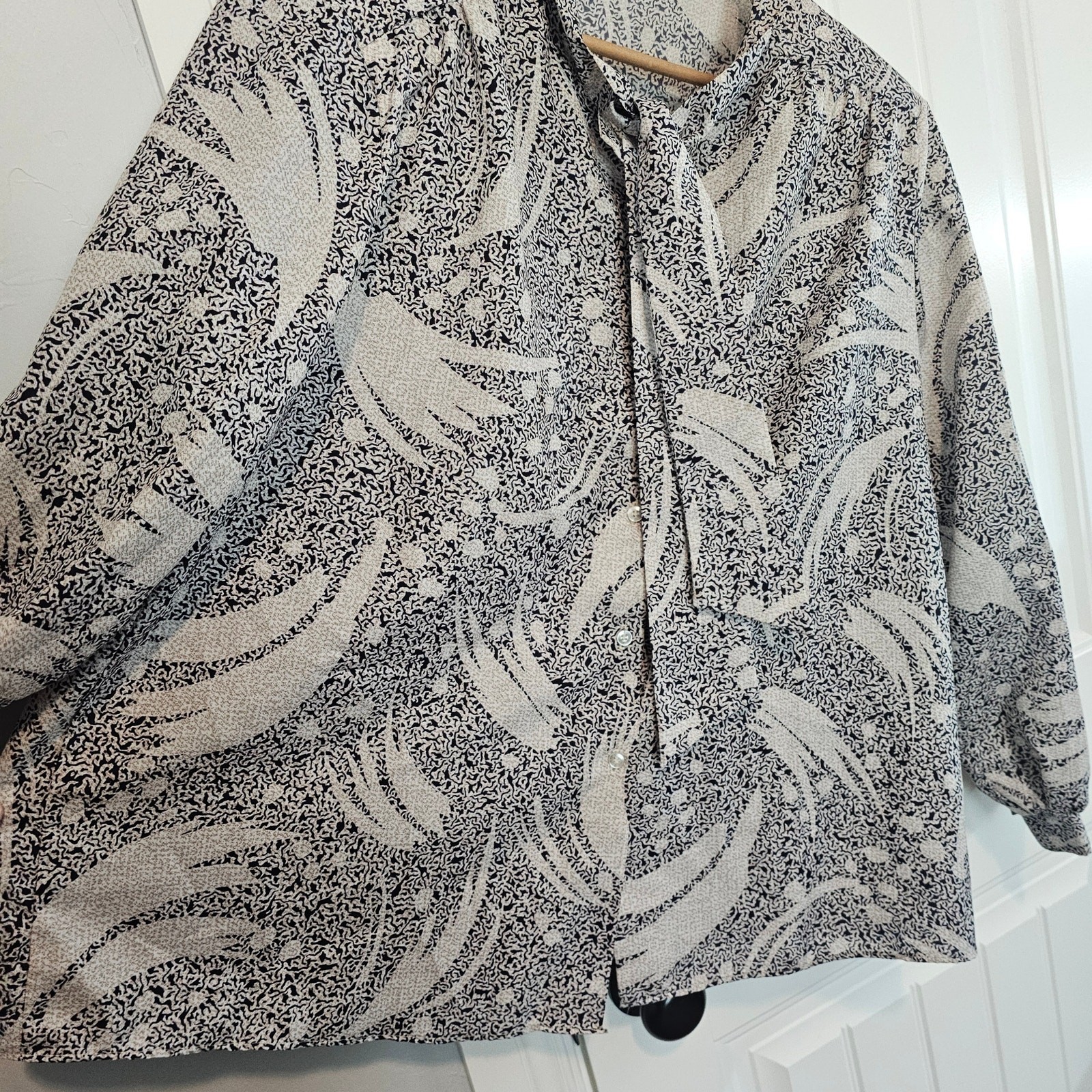 Vintage Gold Card Collection Blouse Womens 2X Black 80s Neck Tie Button Retro