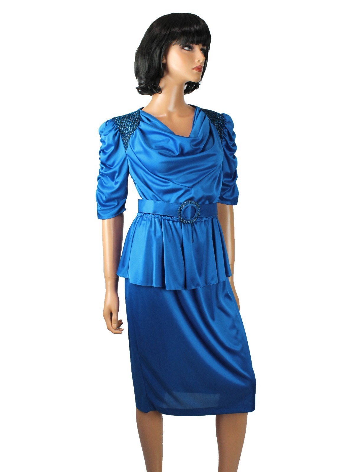 80s Cocktail Gown Sz 13 M L Vintage Sparkly Blue Peplum Stretchy Prom Dress