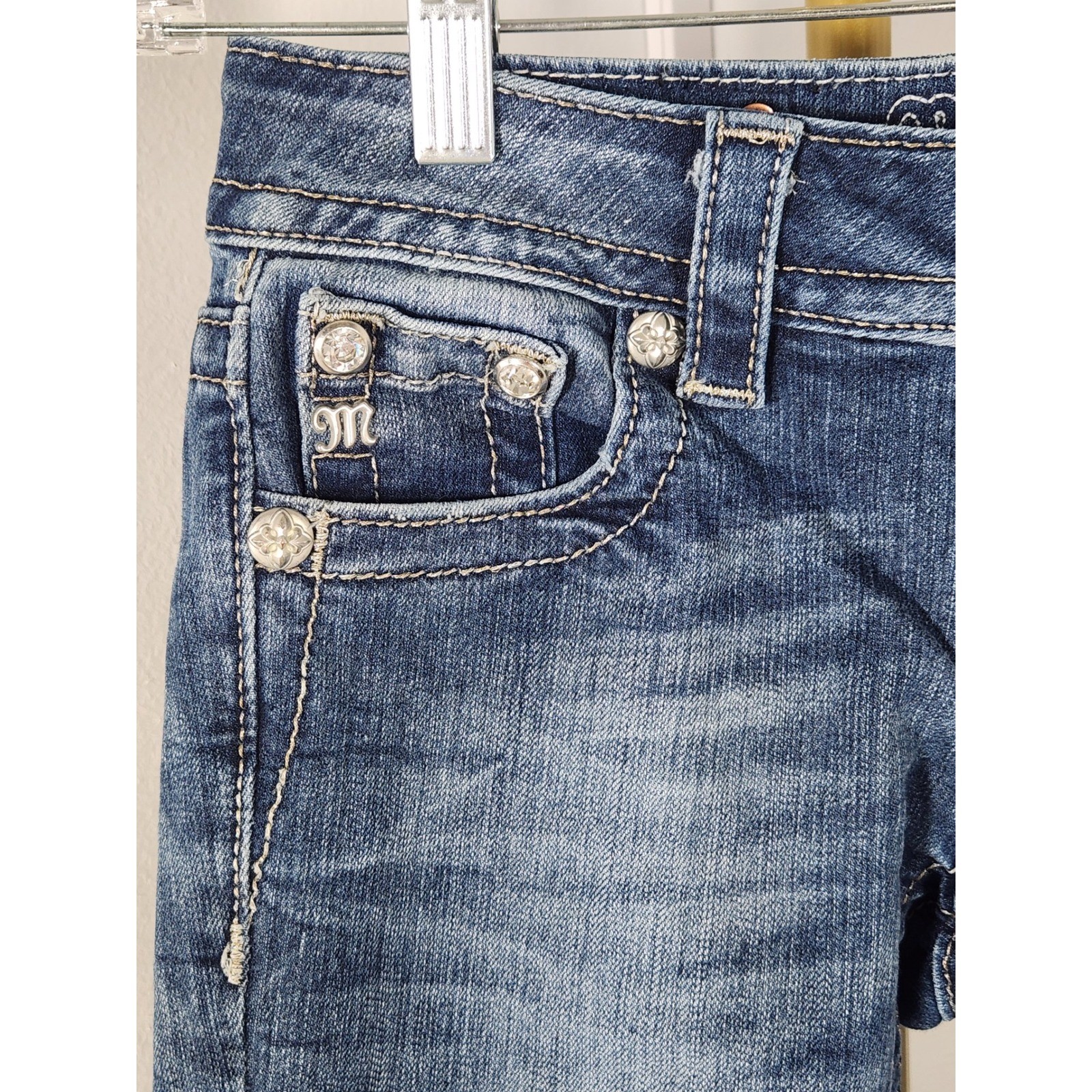 Miss Me Signature Rise Boot Jean Floral Rhinestone Embroidered Pocket Sz 24 Y2K