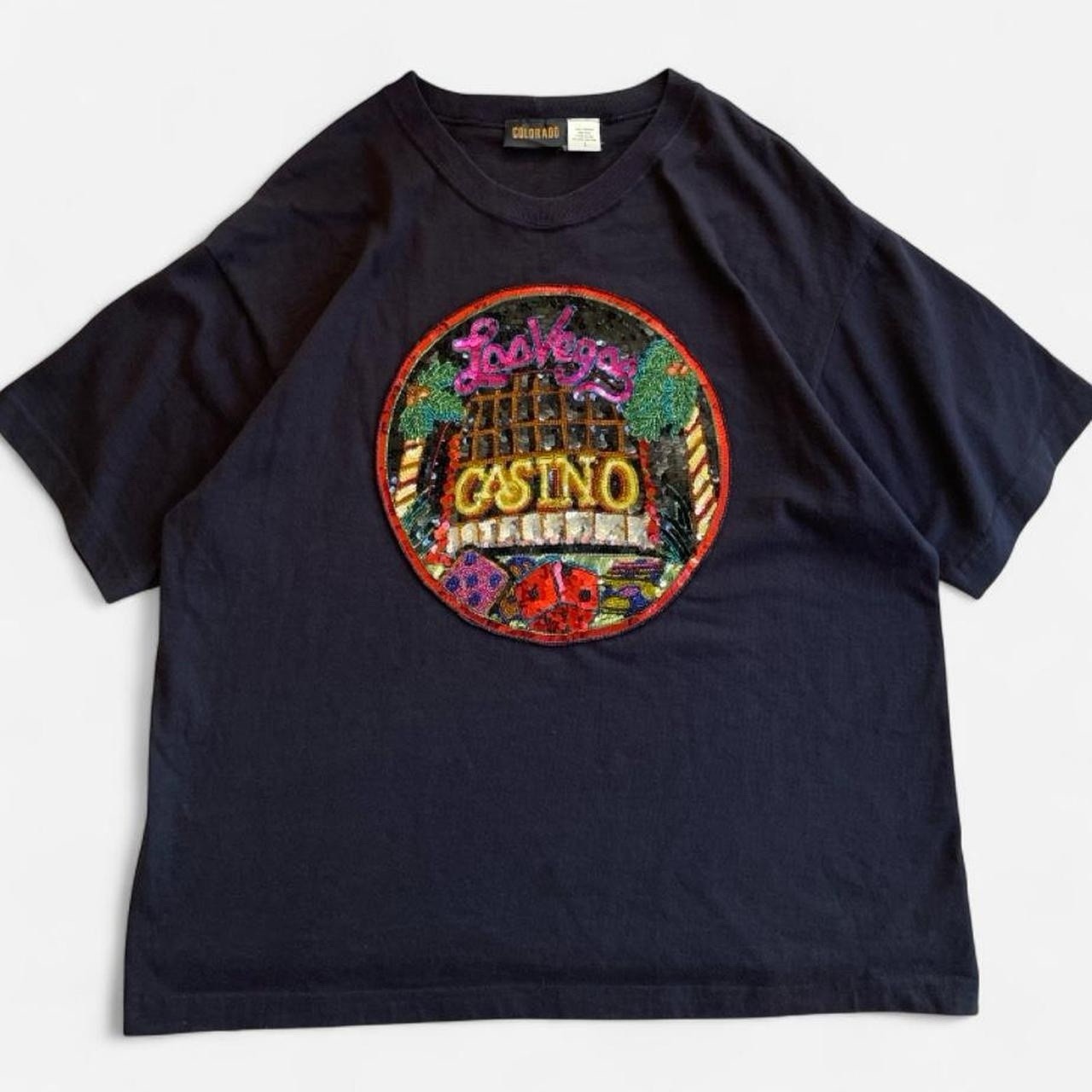 90s Vintage Colorado Black Cotton Tee Sequin Las Vegas Casino Souvenir T-Shirt