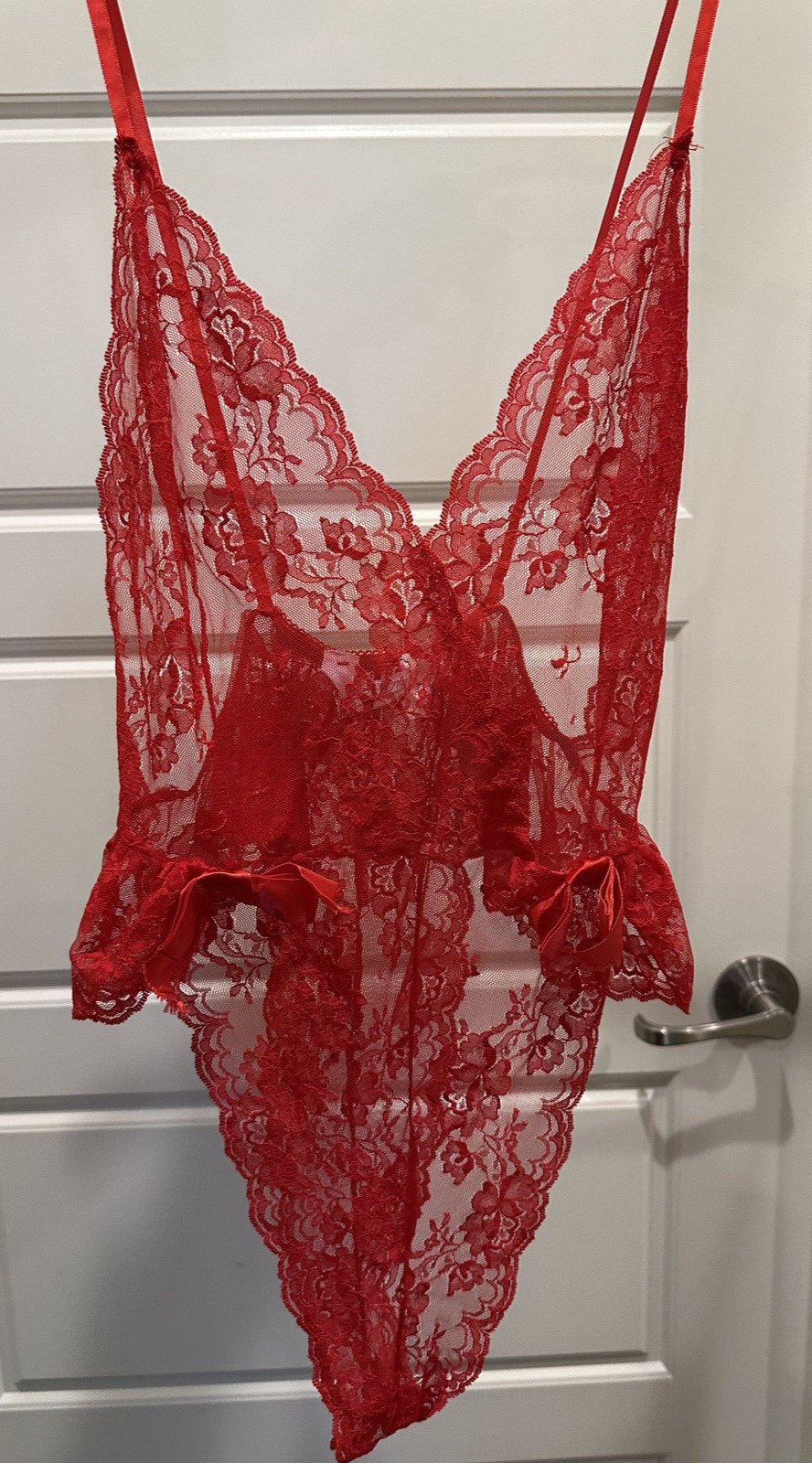 Vintage sexy lingerie sheer lace red teddy snap closure M bodysuit nylon