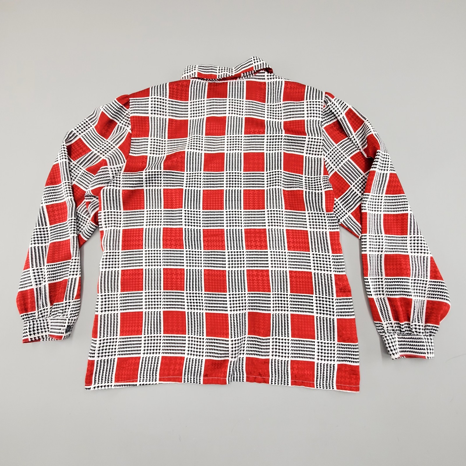 80s Koret Blouse Geometric Secretary Retro Bold Plaid Print Red Buttondown