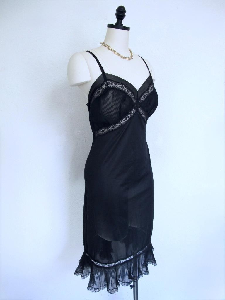 Vintage Youth Form Black Nylon Opaque Full Slip 36 Chiffon Crystal Pleats Ruffle
