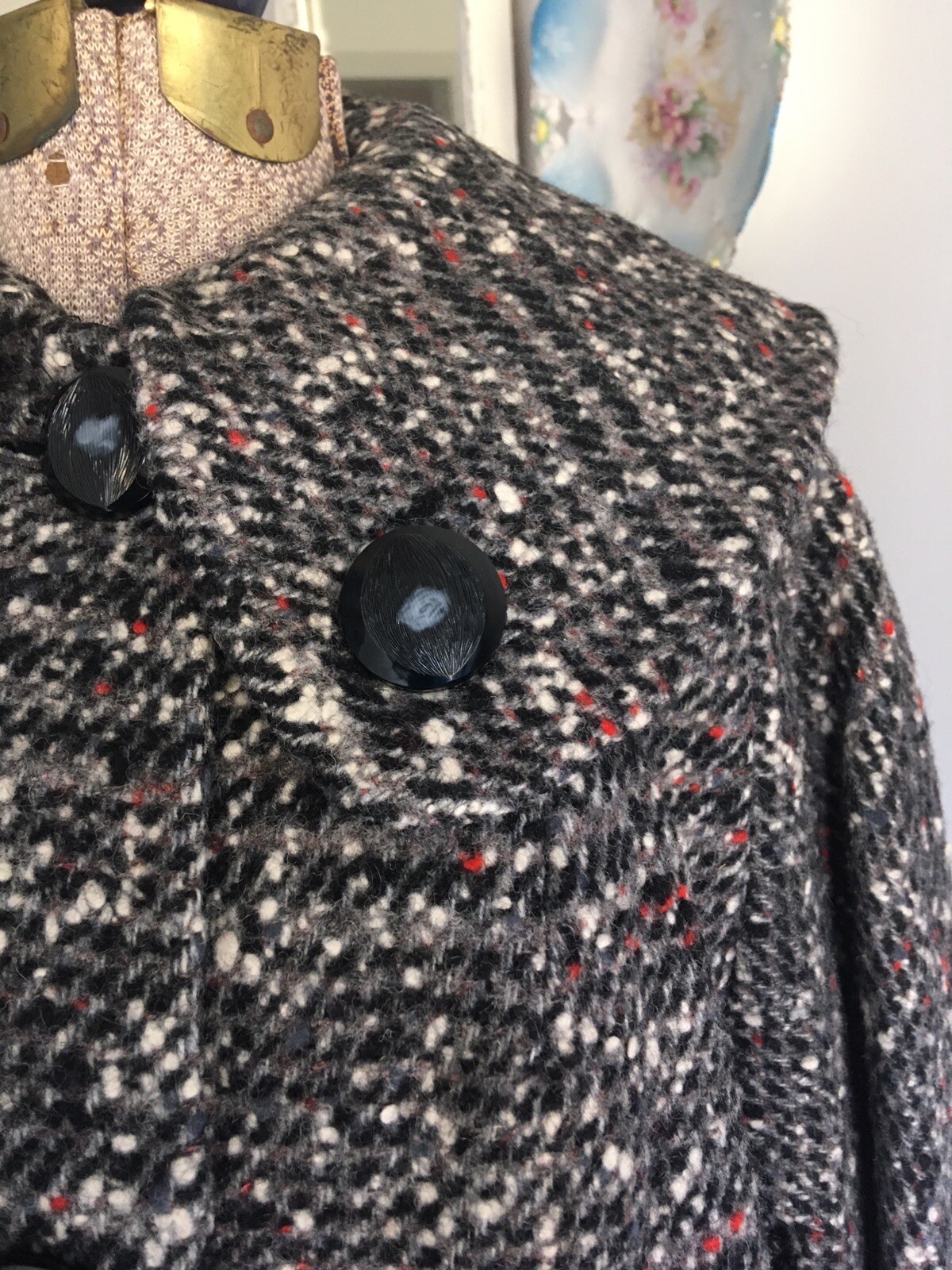 Vintage 1950s 60s Chunky BLACK & White Wool TWEED Coat and Skirt SET Plush LINED