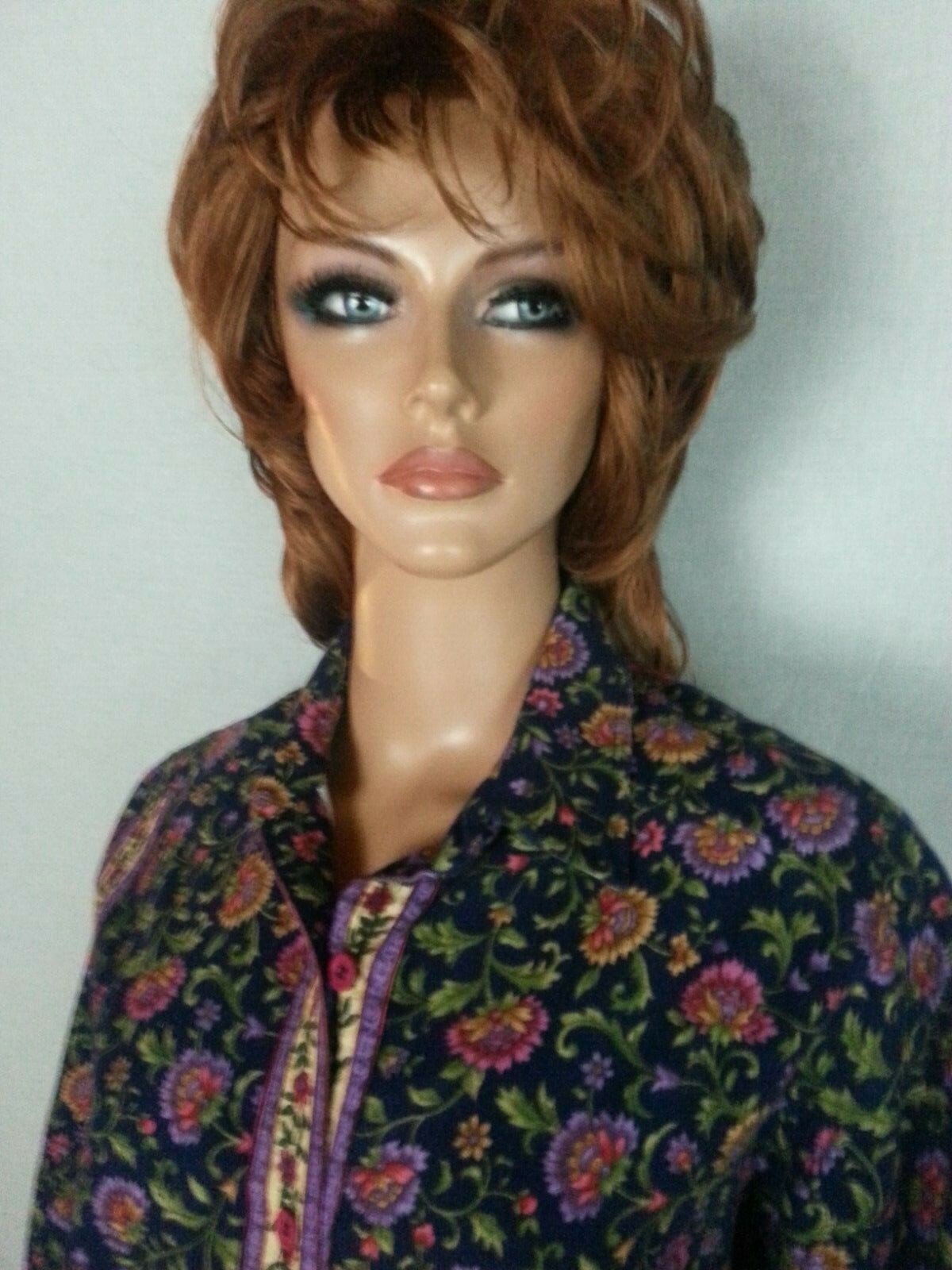 Vtg 70 80s Hand Made Blouse Top Button Down Blue Floral Long Sleeve Hippie L