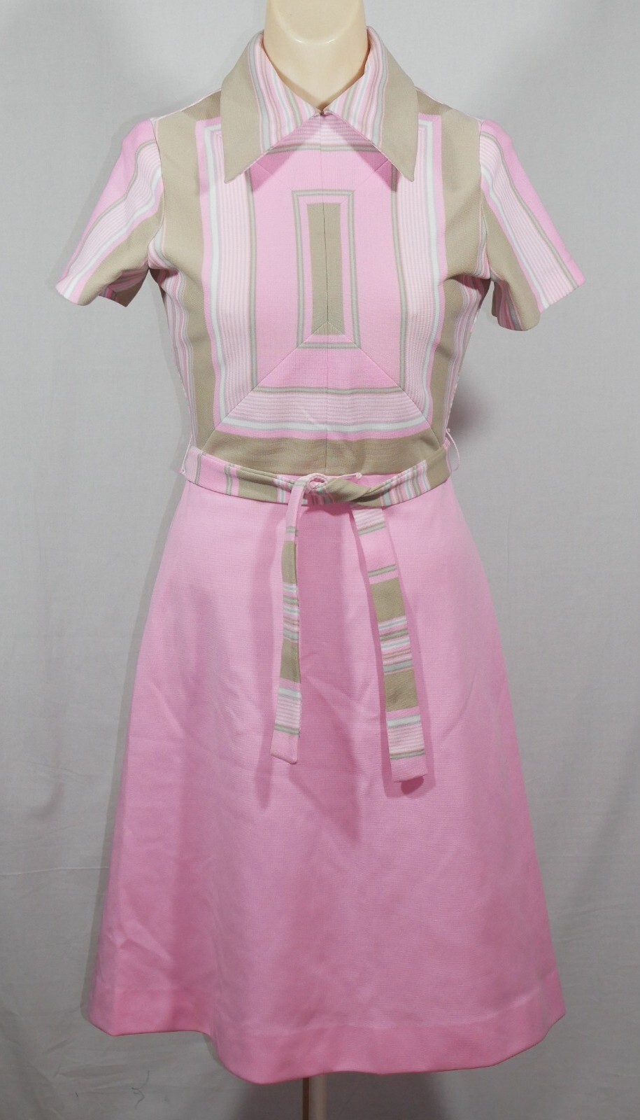 Vtg 60s C. M. Courtney Pink Green Geometric Stripes Dress Mod GoGo Sz 7/8 Belt