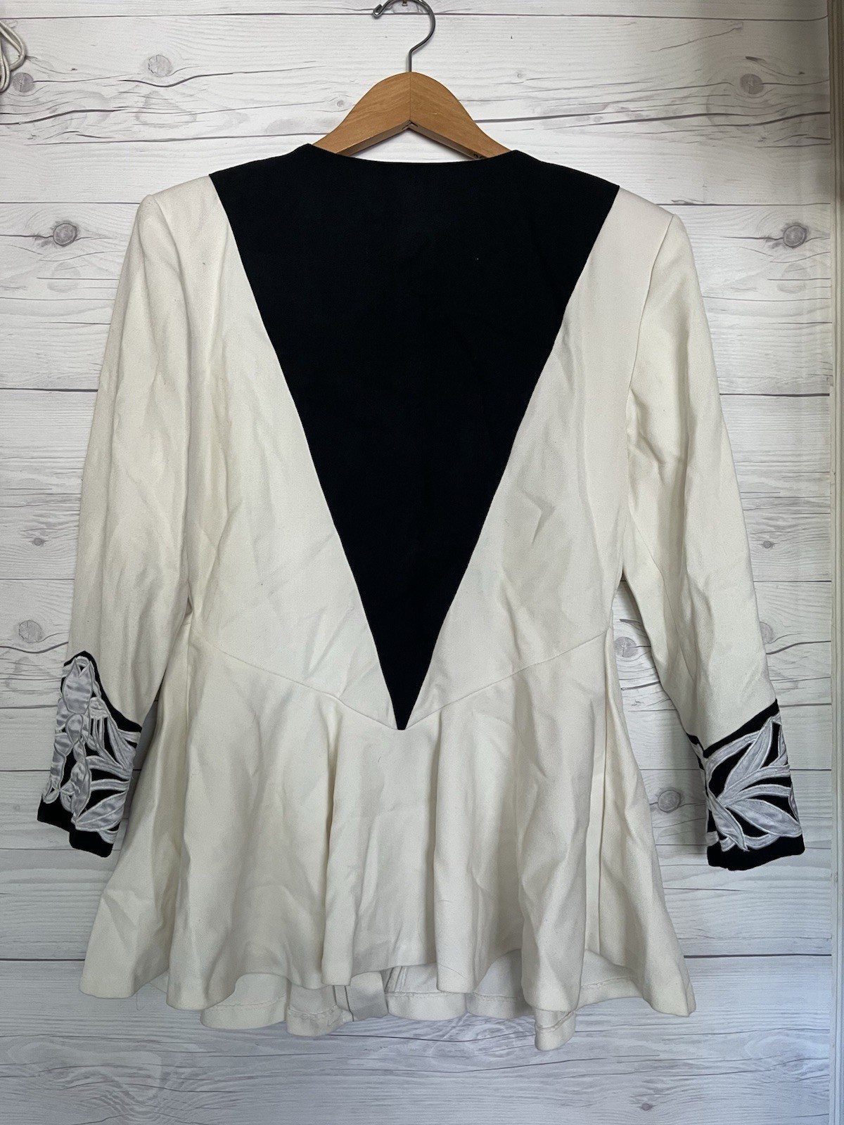 Vtg 90s Embroidered Peplum Jacket Blazer Top Unique Fashion Blue White Small