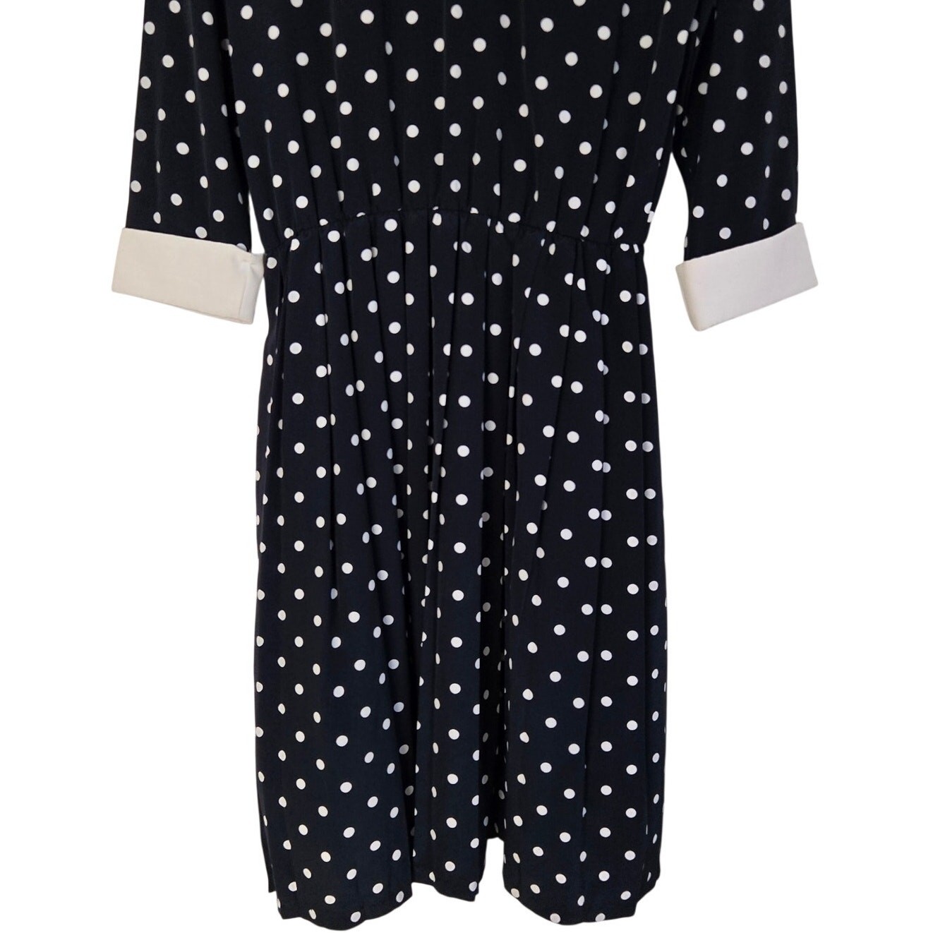 Vintage Serbin Dark Academia Blue Polka Dot Midi Shirt Dress Contrast Collar 10