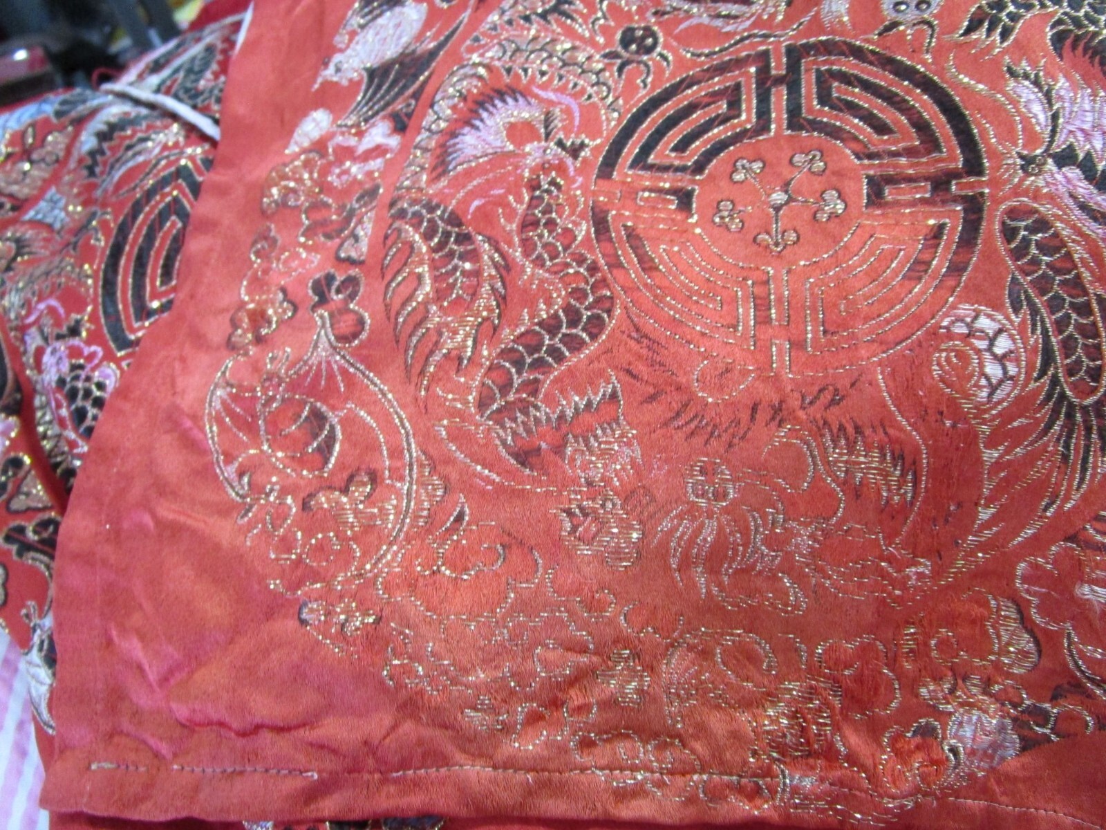 Vintage Red Kimono Robe Intricate Dragon Phoenix Coin Embroidery No Tie Damage