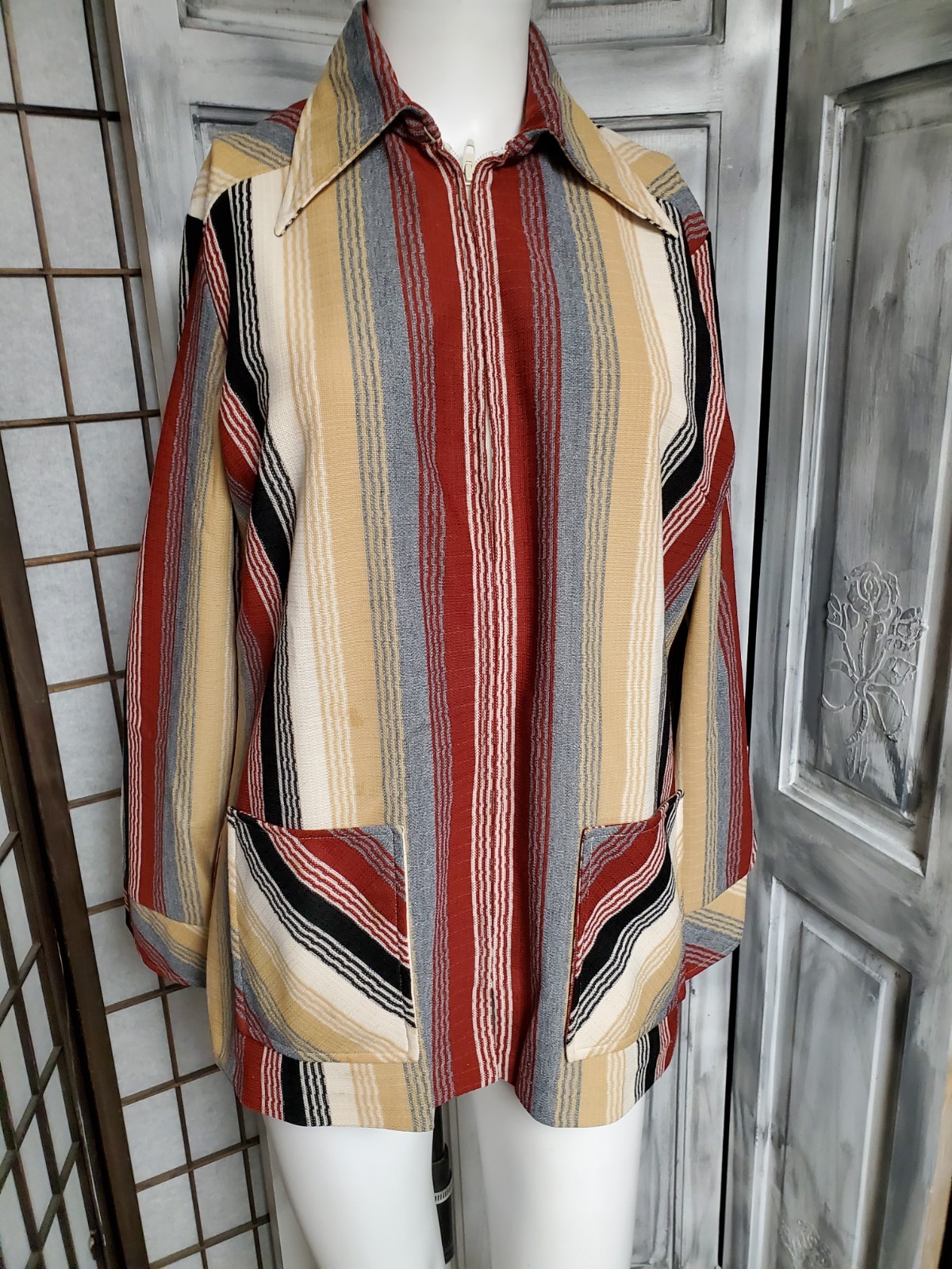 M Vtg 60s 70s TERRY CHICAGO Jacket mod Blazer Top stripe Dagger Collar Jacket