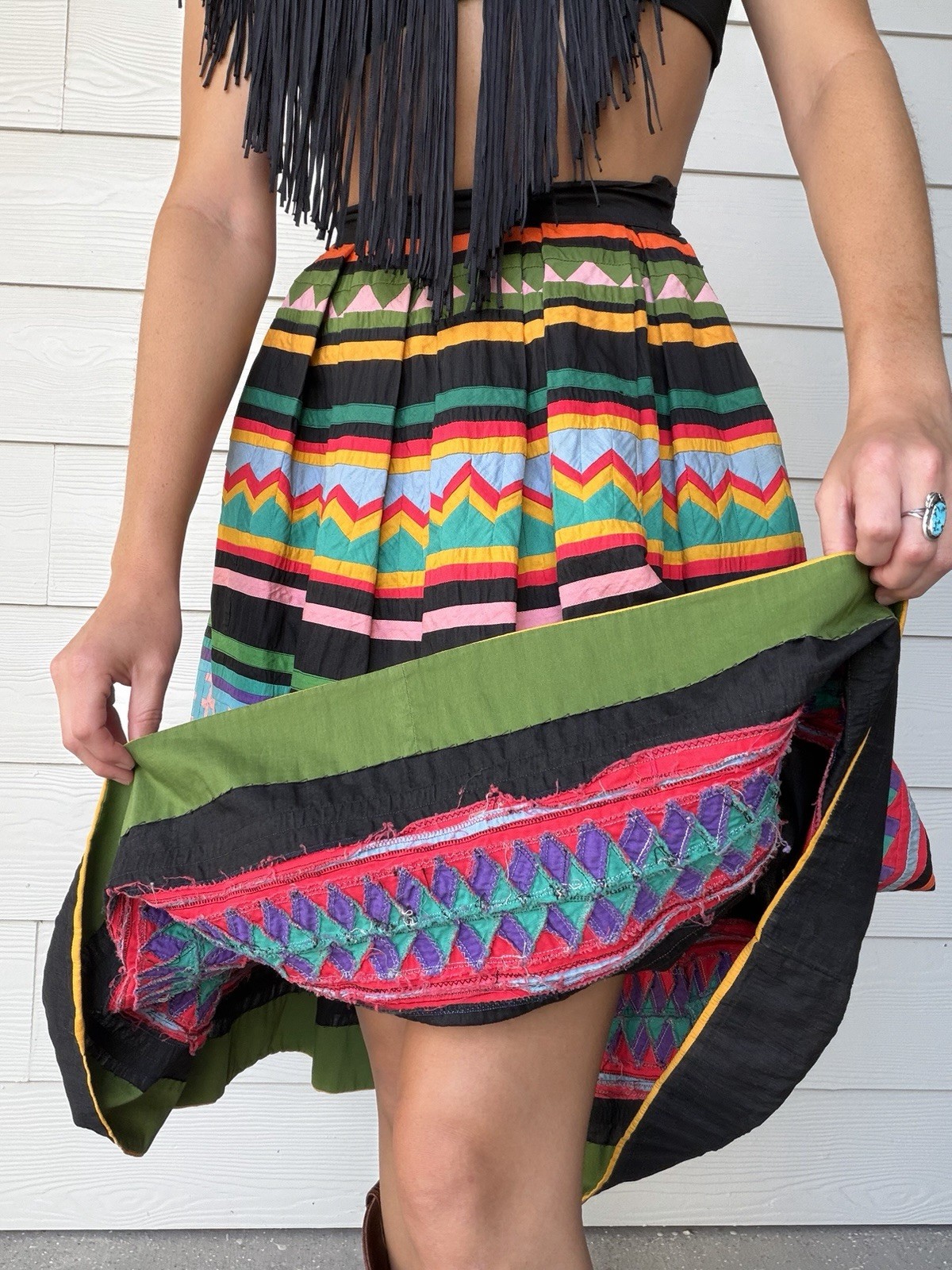Vintage 40s 50s Colorful Native American Seminole Midi Skirt Side Metal Zip XS