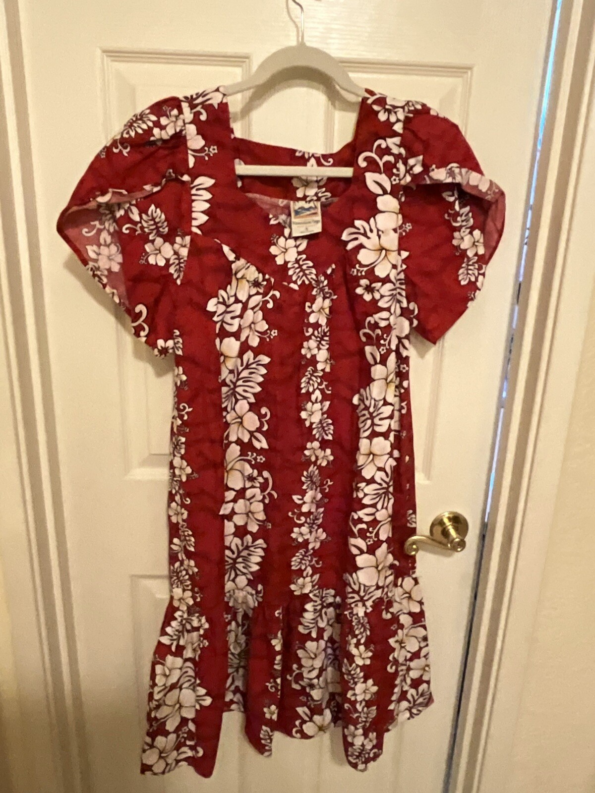 Vintage Hawaiian Togs Red Mumu With White Hibiscus Print Size Small-VGUC