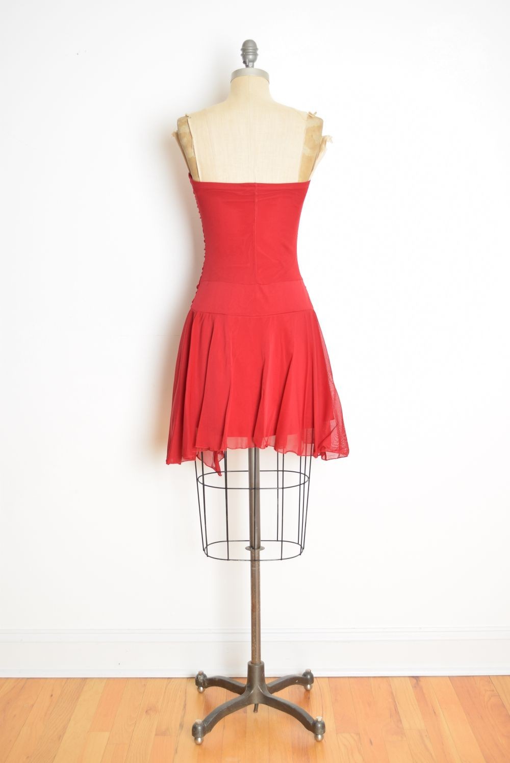 vintage Y2K party dress red mesh fairy strapless asymmetrical club Hot Kiss XS
