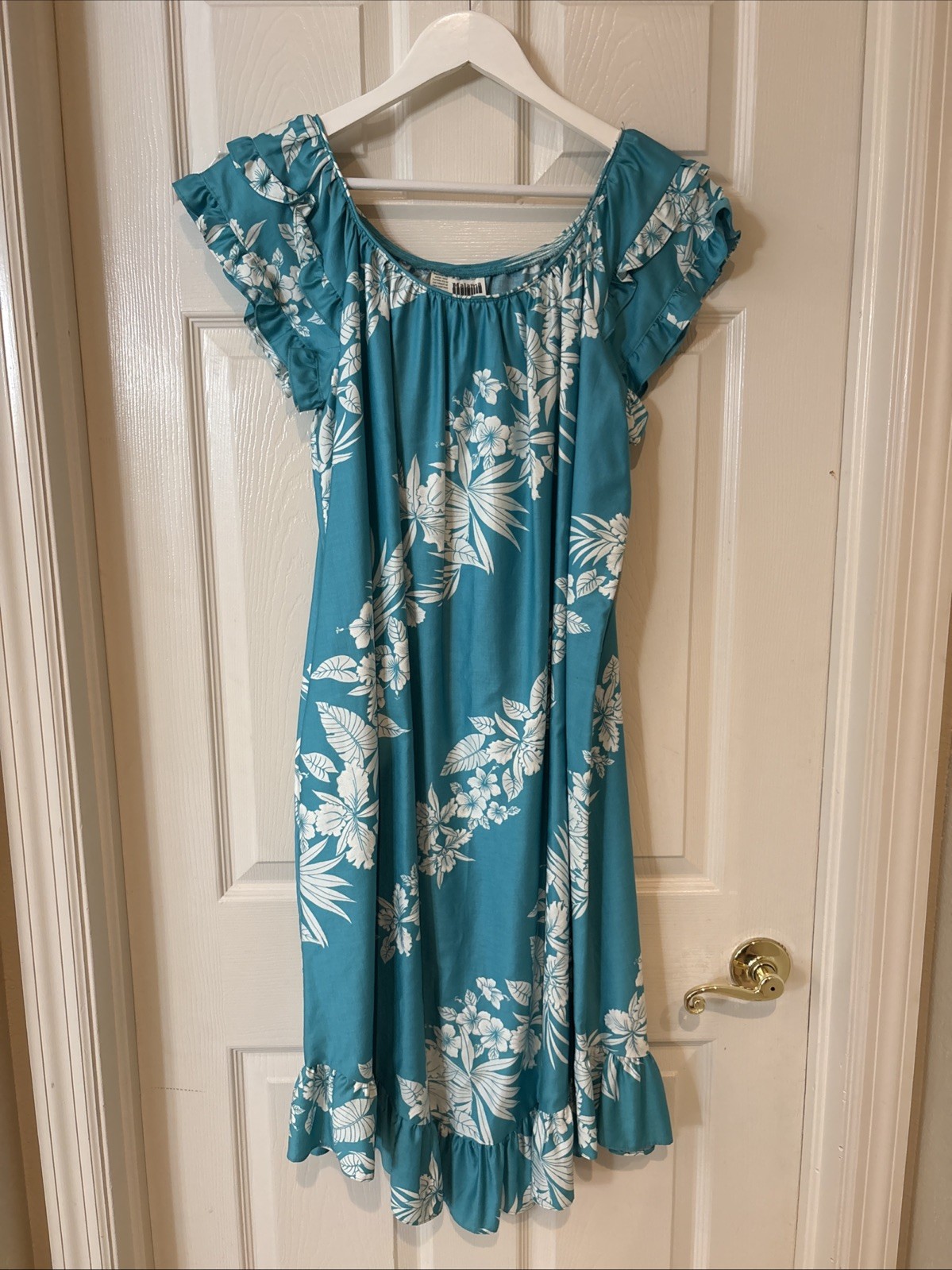 Vintage Malama Sophisticates Hawaii Dress Sz Large L Green Floral Ruffle