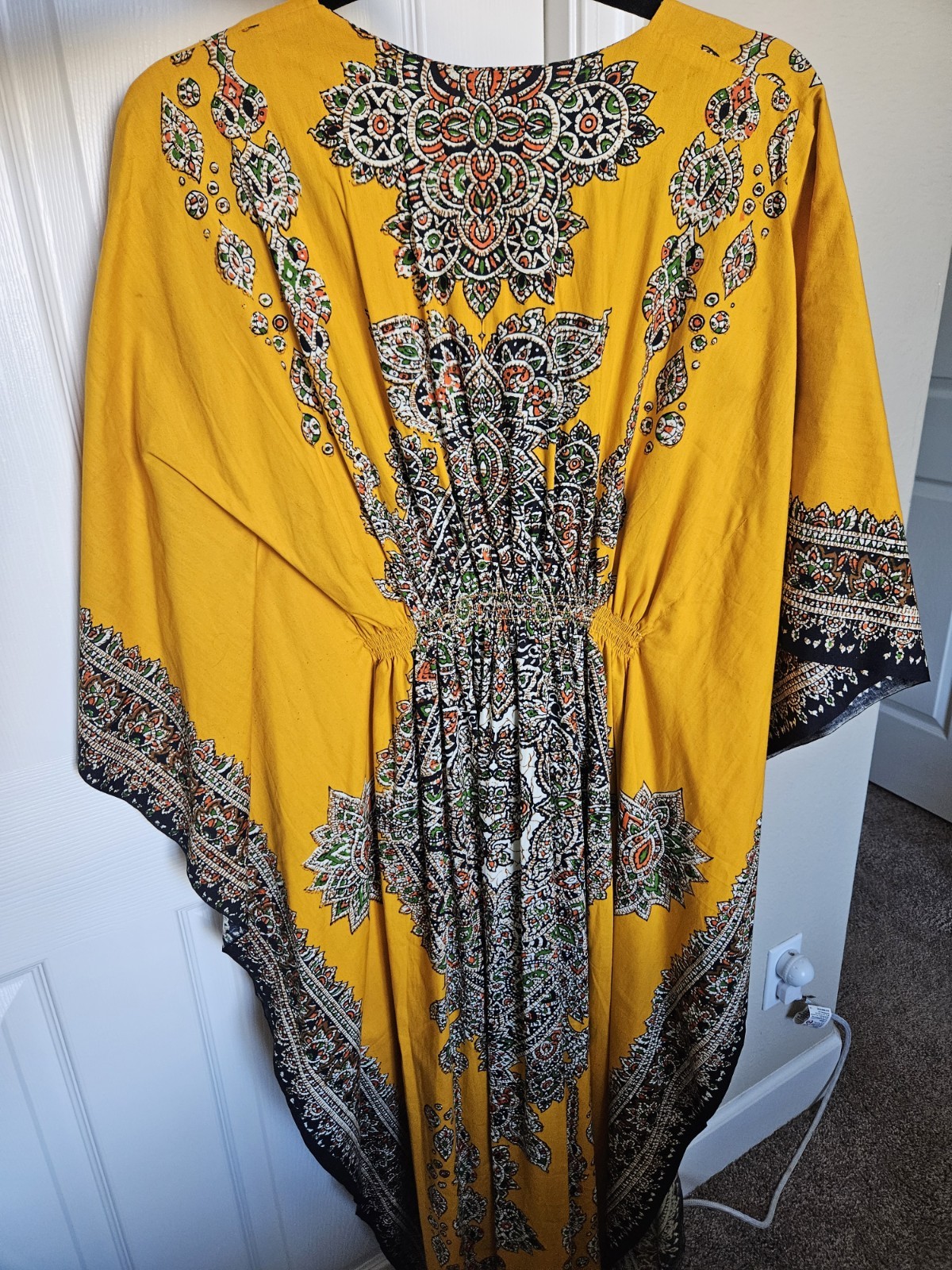 Vtg Thai Cotton Vibrant Yellow Printed Ethnic Asian Maxi Dress Kaftan XS
