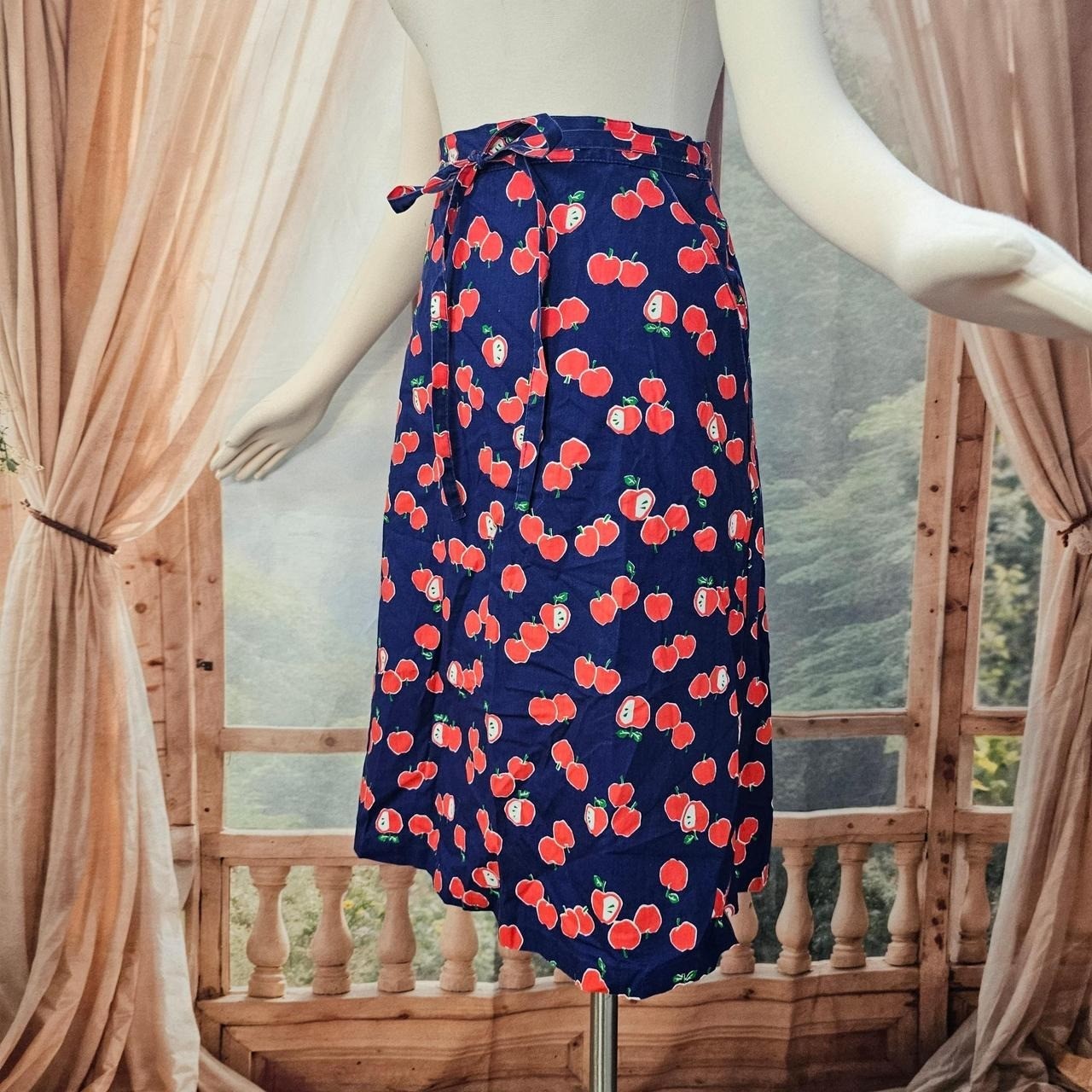 Vintage 1970s Wrap Skirt Navy Blue Red Apple Print Tie Closure Magic Union Label