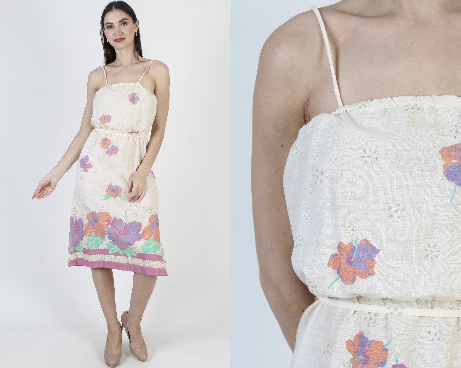 Vtg 70s Cream Floral Sundress Belted Prairie Spaghetti Strap Knee Length Dress