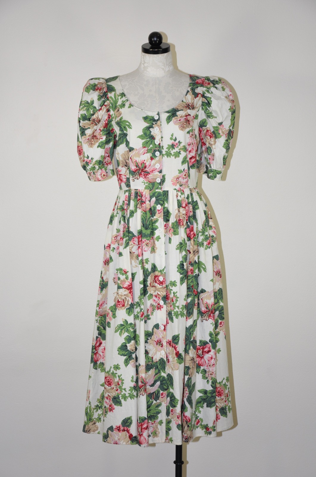 80s Vintage Pink Green Hibiscus Floral Puff Sleeve Romantic Midi Dress Women M L
