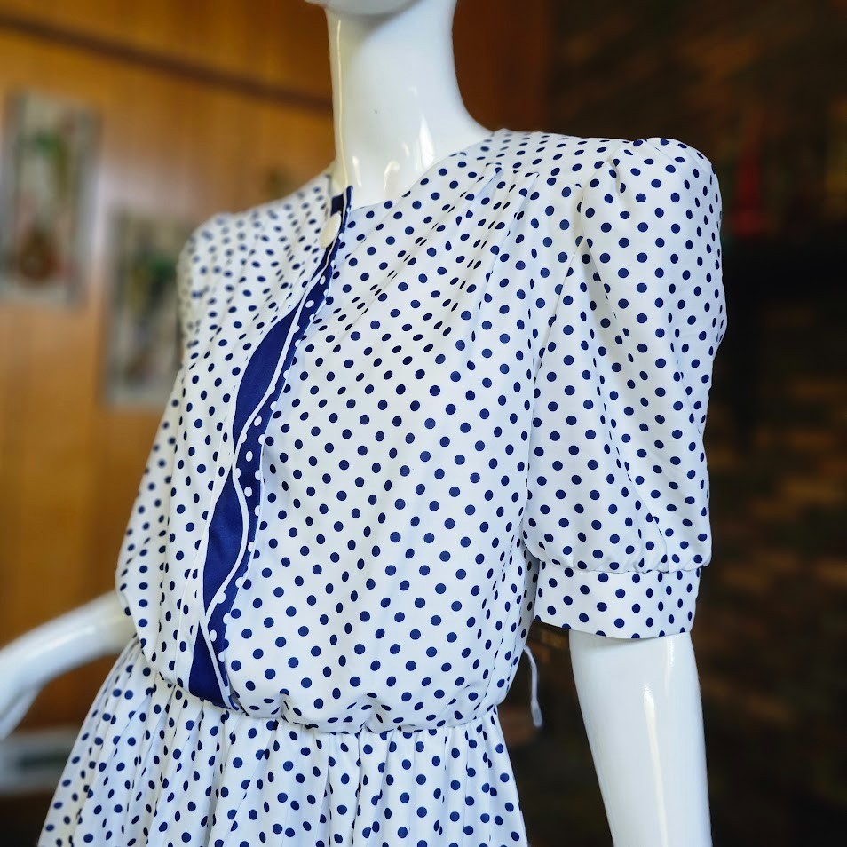 Vtg 80s Polka Dot Preppy Secretary Shirtwaist Blouson Modest Office Dress M/L