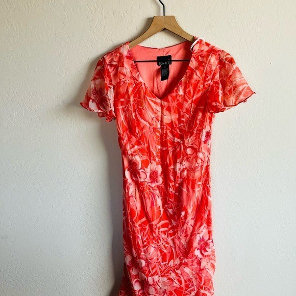 Vintage Scarlett Orange Floral Midi Dress Size 8 90s Y2K Whimsical Fairy