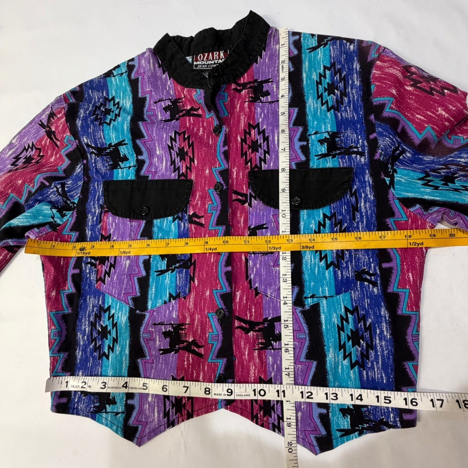 VTG 80s Ozark Mountain Southwestern Tribal Print Button Up Shirt Purple Teal