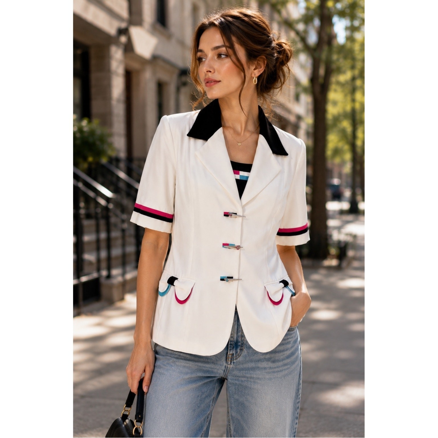 Vintage 80s Blazer colorful trim buttons Hana Class Made in Egypt 42 EU 6 US
