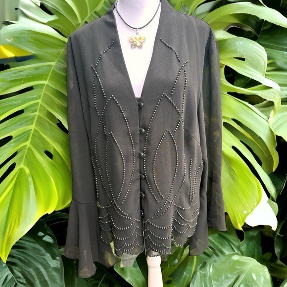 JR Nites Black Beaded Sheer Bell Sleeve Decorative Blazer Jacket Size 18